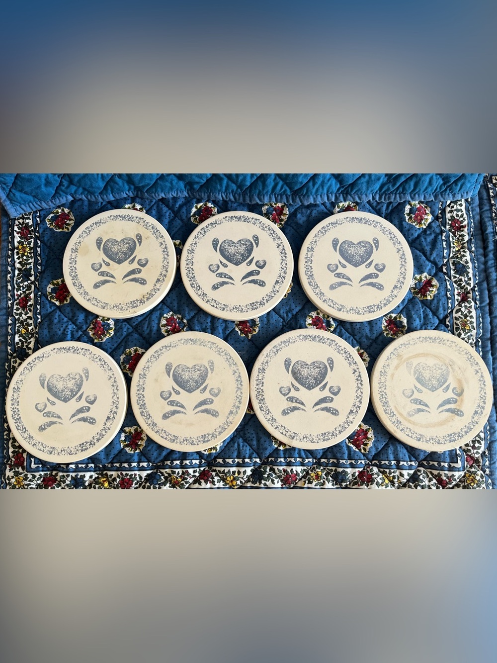 Vintage Retro Corelle Corning Blue Hearts Stone Coasters Set Of 7
